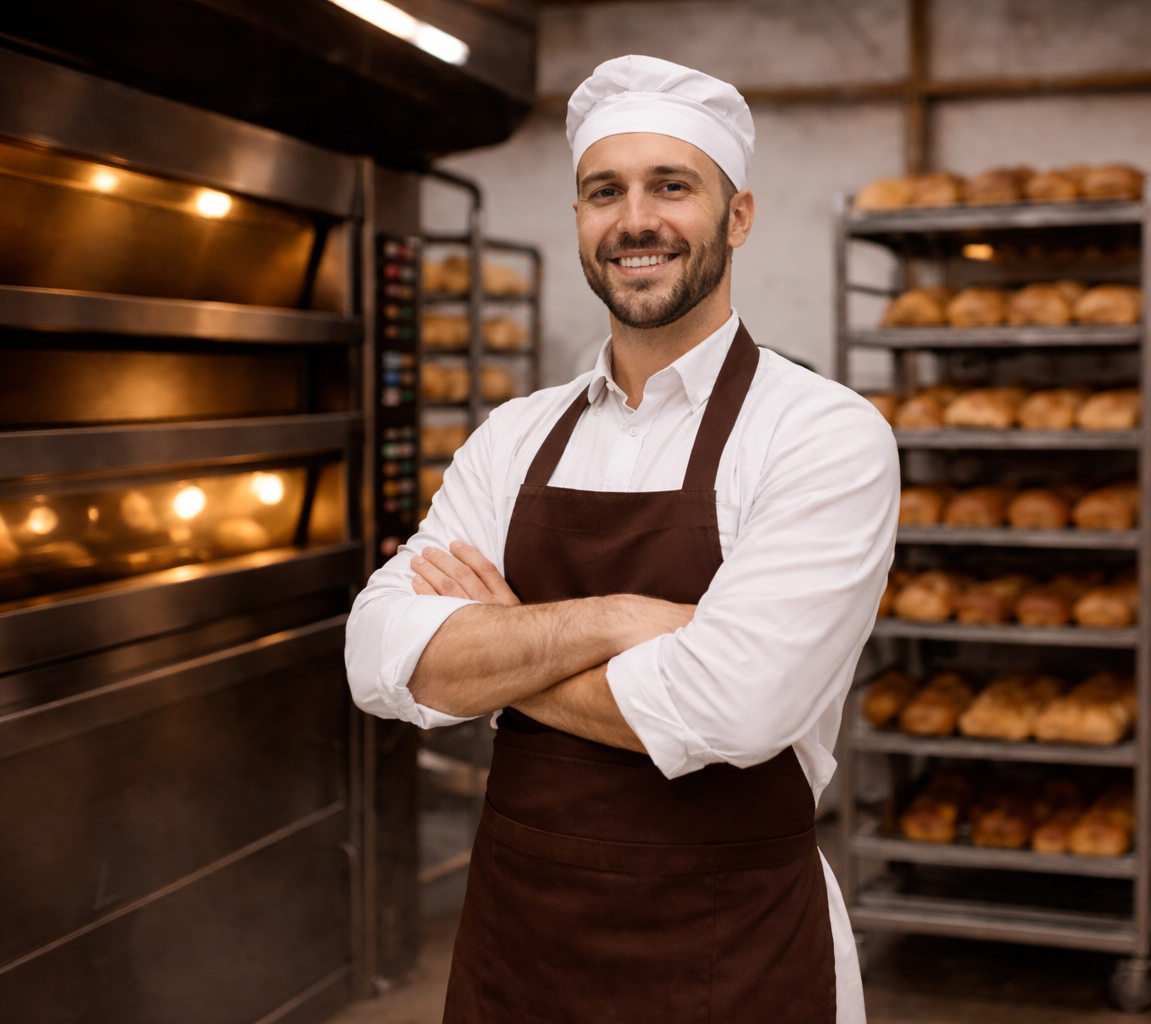 Boulanger professionnel fier dans sa boulangerie